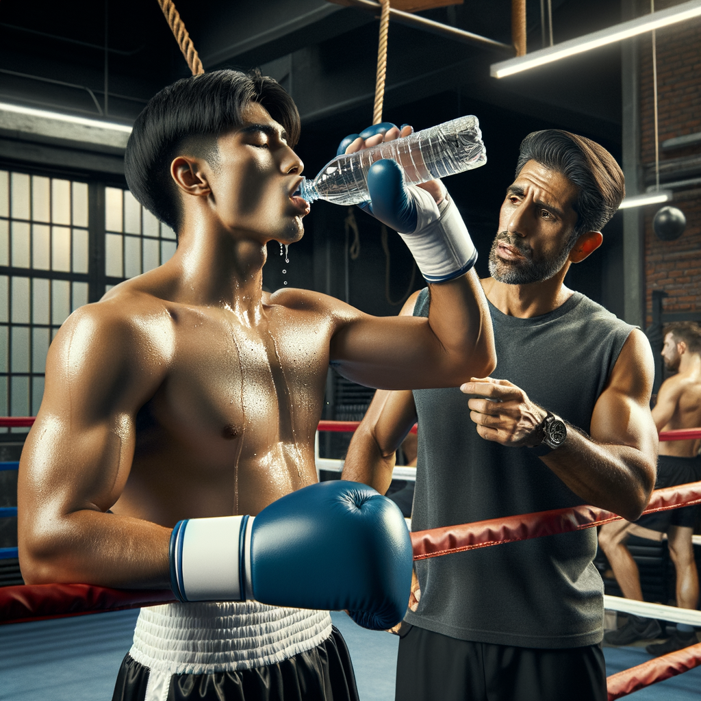 Professional boxer taking a hydration break between rounds, emphasizing the importance of optimal water intake and fluid balance for enhanced performance and endurance in boxing.