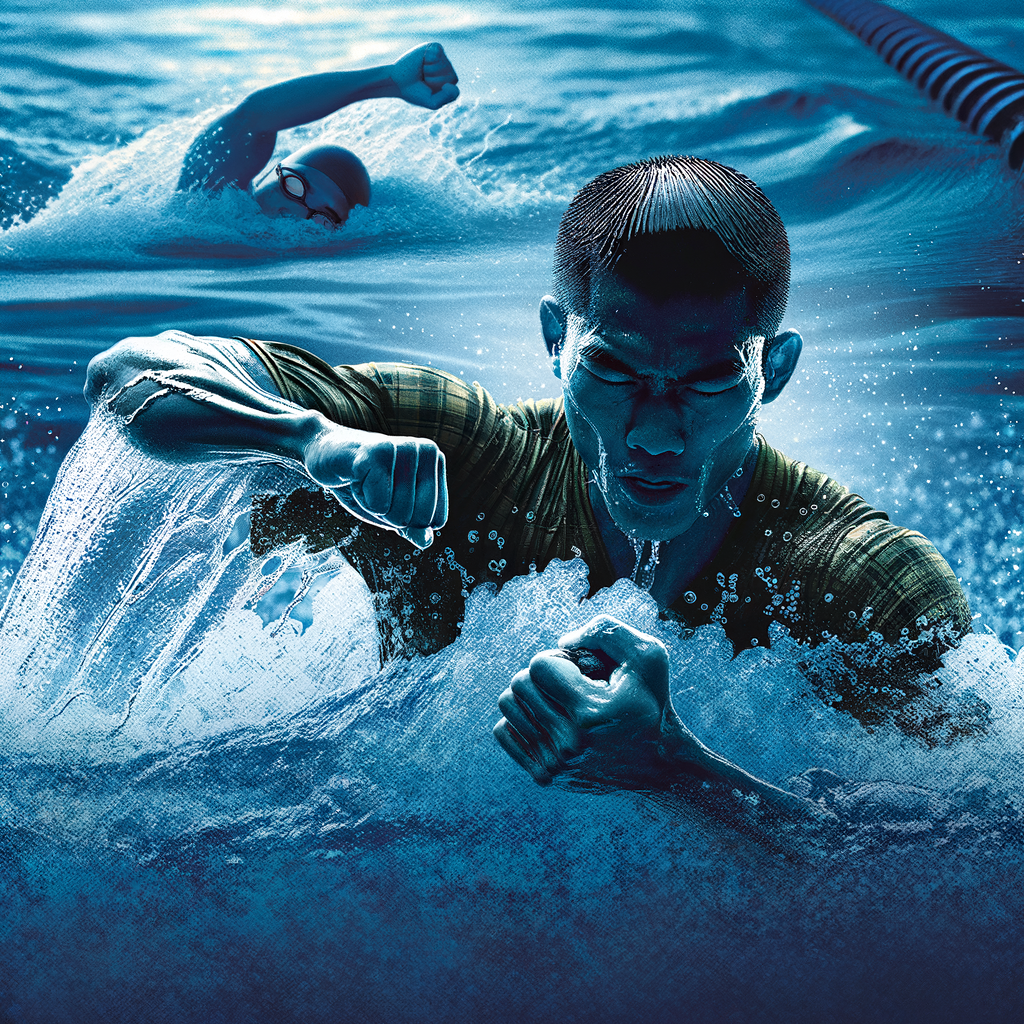 Professional boxer performing a powerful swimming stroke in an Olympic pool, highlighting cross-training benefits for boxers and aquatic training for enhanced athletic performance.