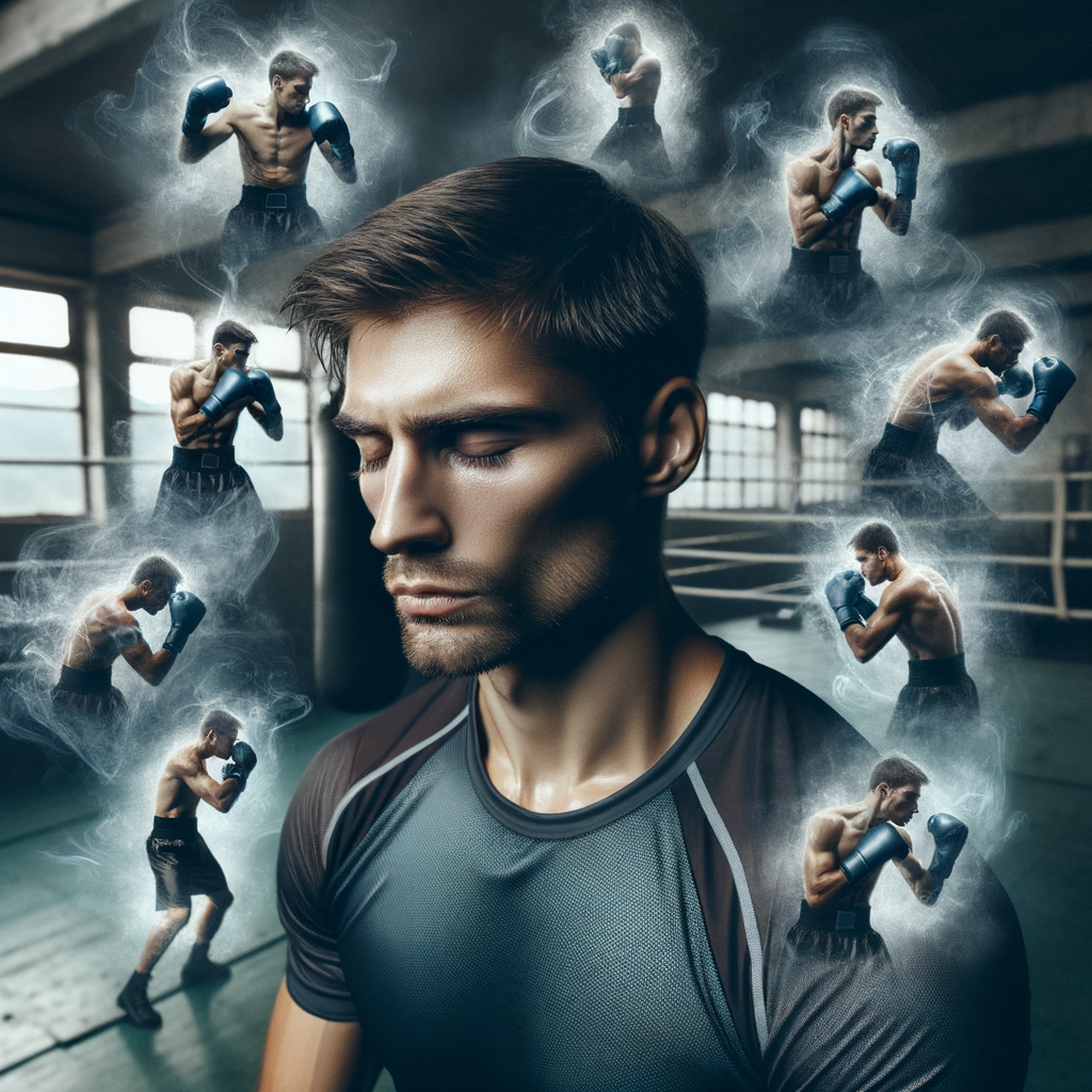 Focused boxer in a gym visualizing fight sequences, surrounded by ghostly boxing moves, illustrating mental imagery and visualization techniques to enhance boxing performance and skills.